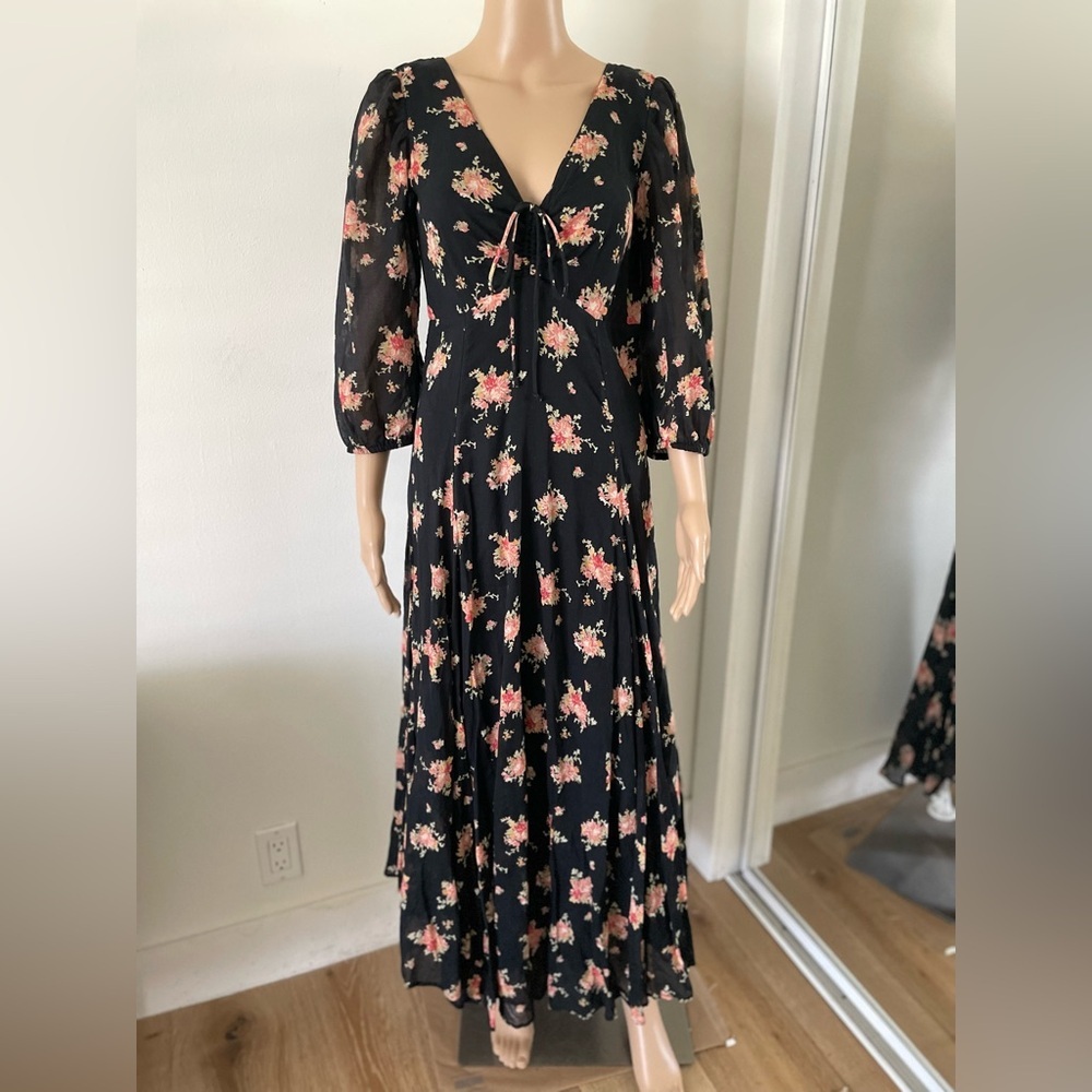 Free People Tiered Floral‎ Maxi Dress Asymmetric Hem Layered Black Cottage Boho - Picture 2 of 13